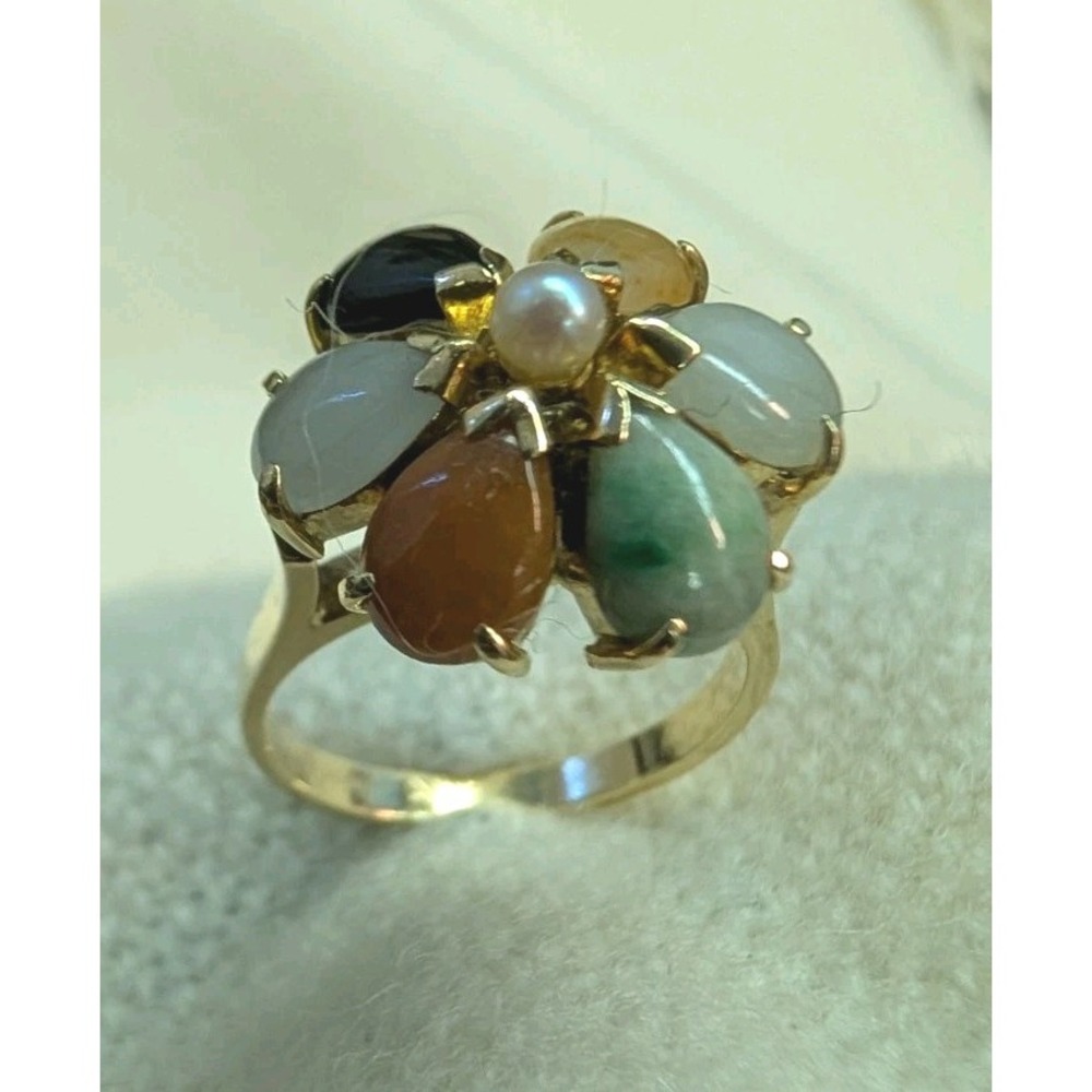 Ming's Of Honolulu 14k Multi Color Jade Cocktail Ring With Center Pearl